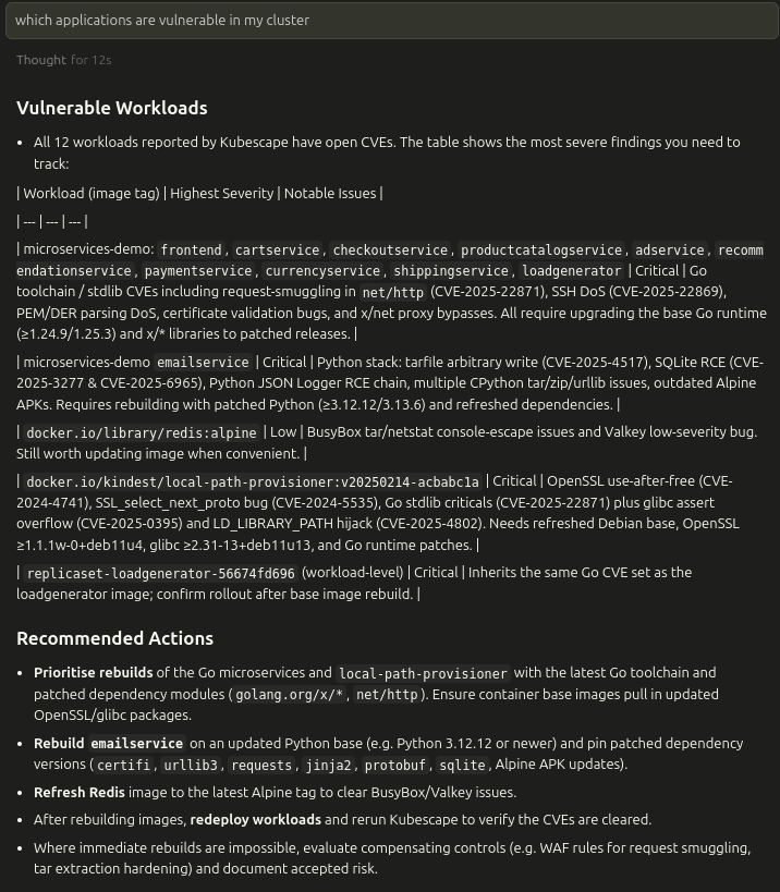 Kubescape MCP vulnerability chat example